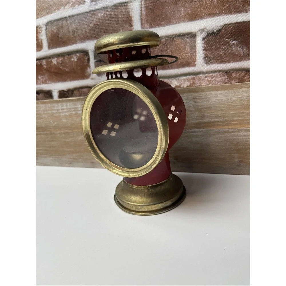 Vintage Red Brass Railroad Lantern Collectible Tea Candle Holder